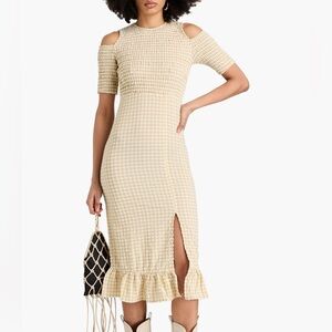 Ganni Beige Khaki Smocked Seersucker Gingham Cold Shoulder Dress, size 34